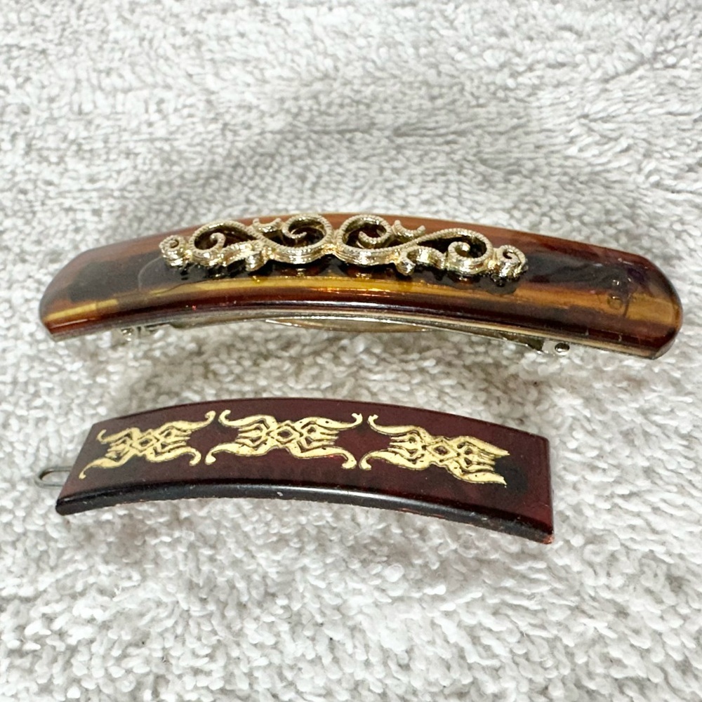 Vintage Brown & Gold Hair Barrettes - Picture 4 of 11